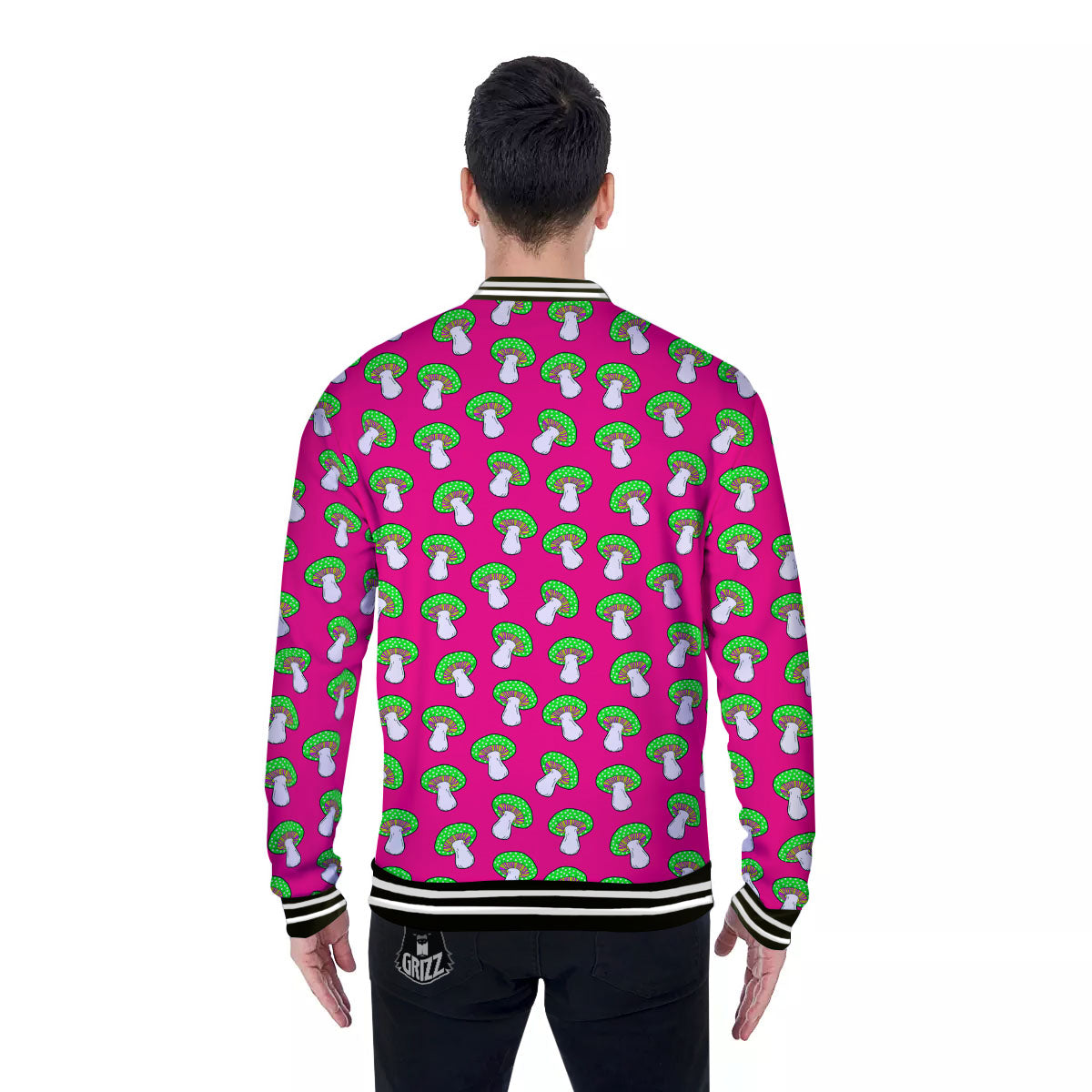 Hot Pink Crazy Mushroom Print Pattern Baseball Jacket-grizzshop