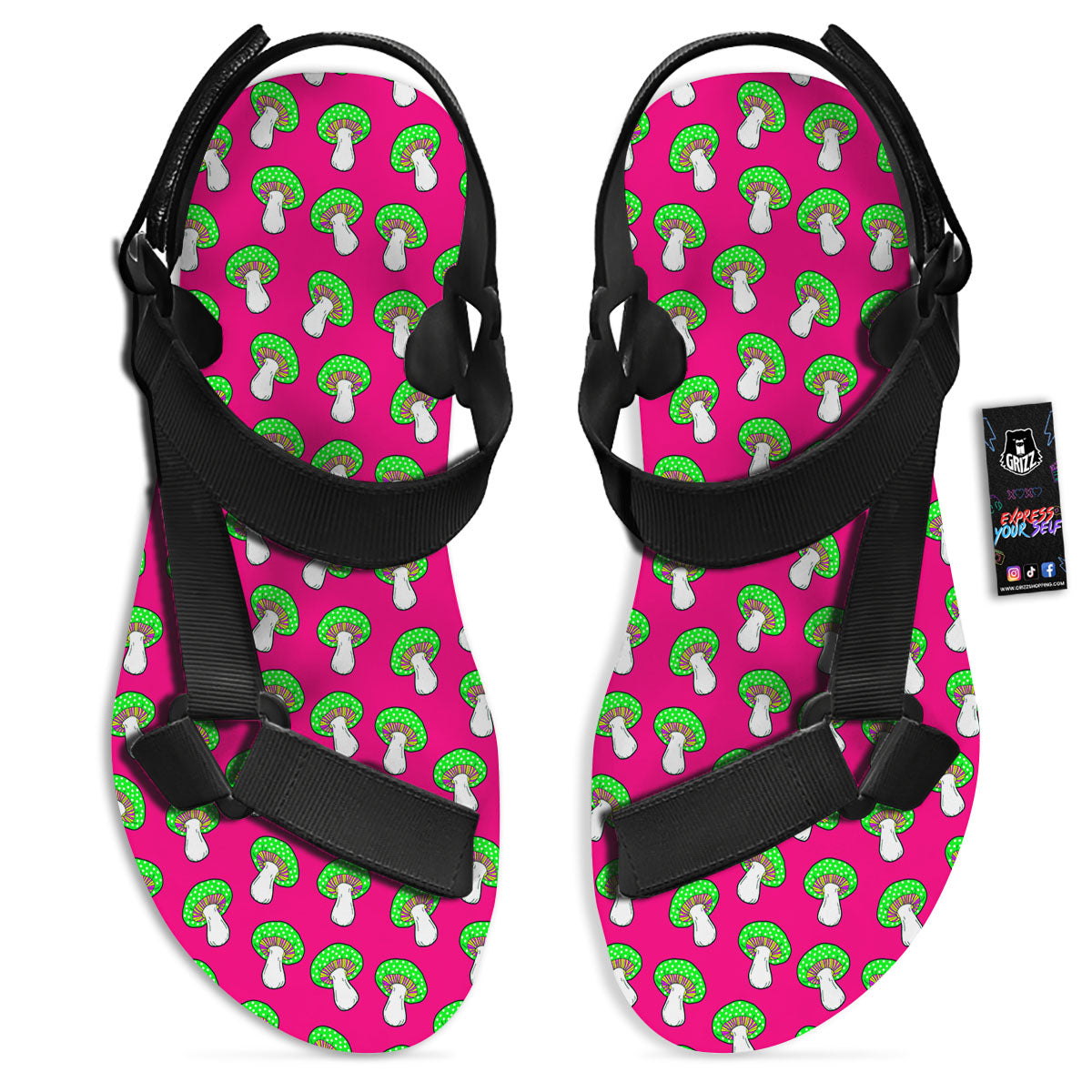 Hot Pink Crazy Mushroom Print Pattern Black Open Toe Sandals-grizzshop