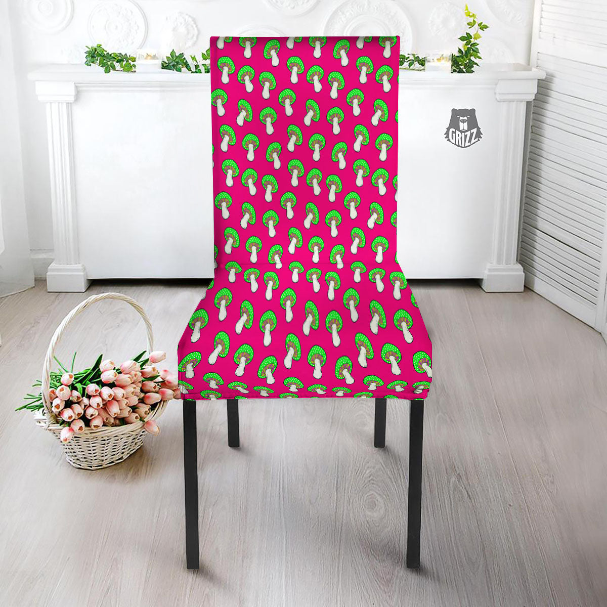 Hot Pink Crazy Mushroom Print Pattern Dining Chair Slipcover-grizzshop