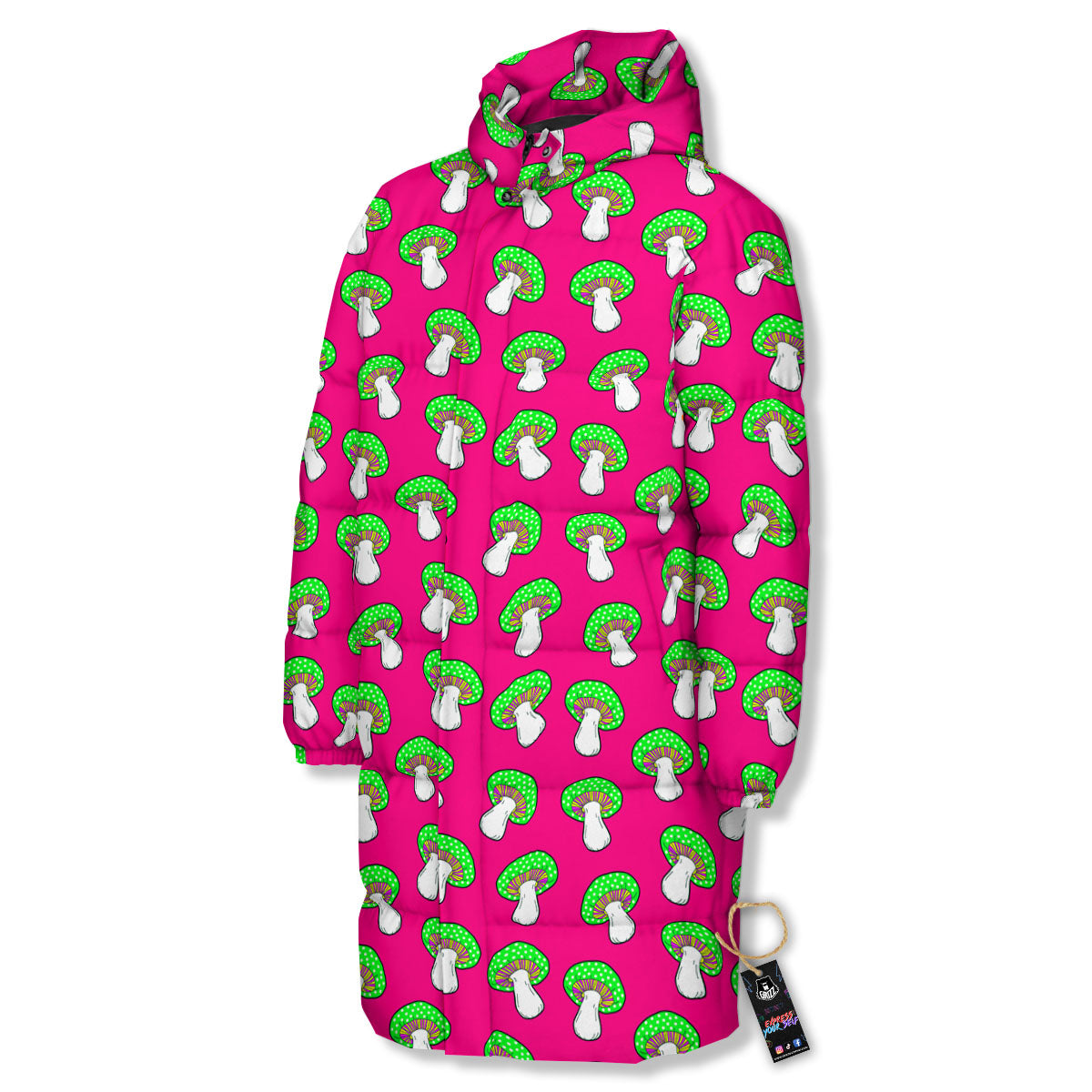 Hot Pink Crazy Mushroom Print Pattern Long Down Jacket-grizzshop