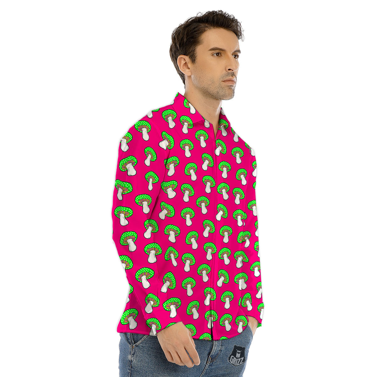 Hot Pink Crazy Mushroom Print Pattern Men's Dress Shirts-grizzshop