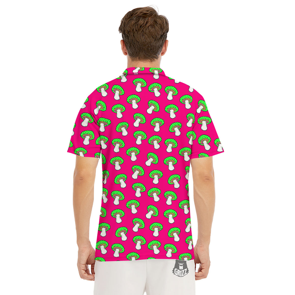 Hot Pink Crazy Mushroom Print Pattern Men's Golf Shirts-grizzshop