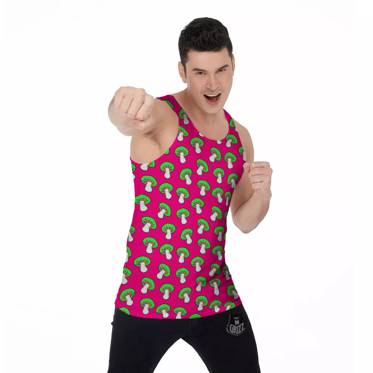 Hot Pink Crazy Mushroom Print Pattern Men's Tank Top-grizzshop