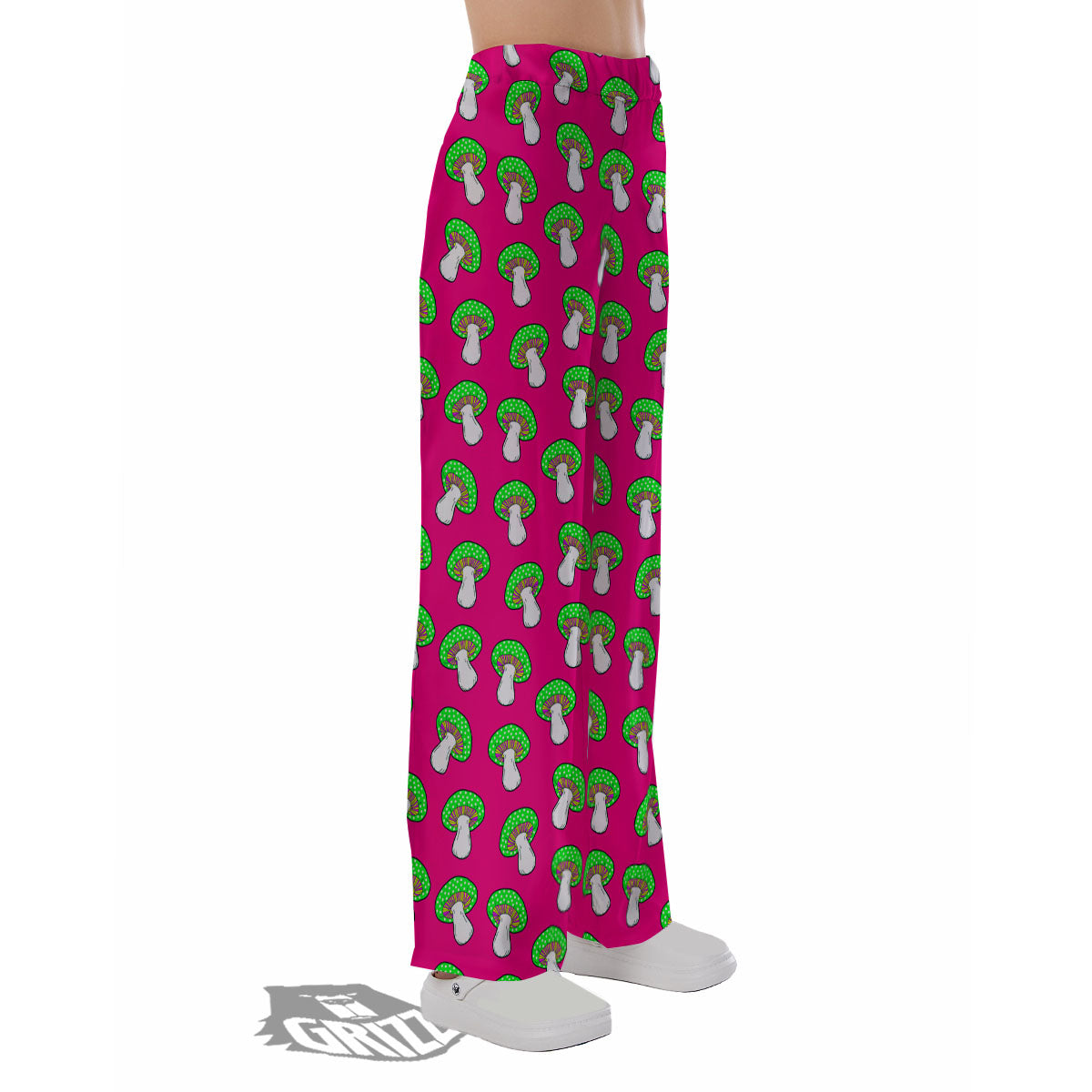 Hot Pink Crazy Mushroom Print Pattern Pajama Pants-grizzshop