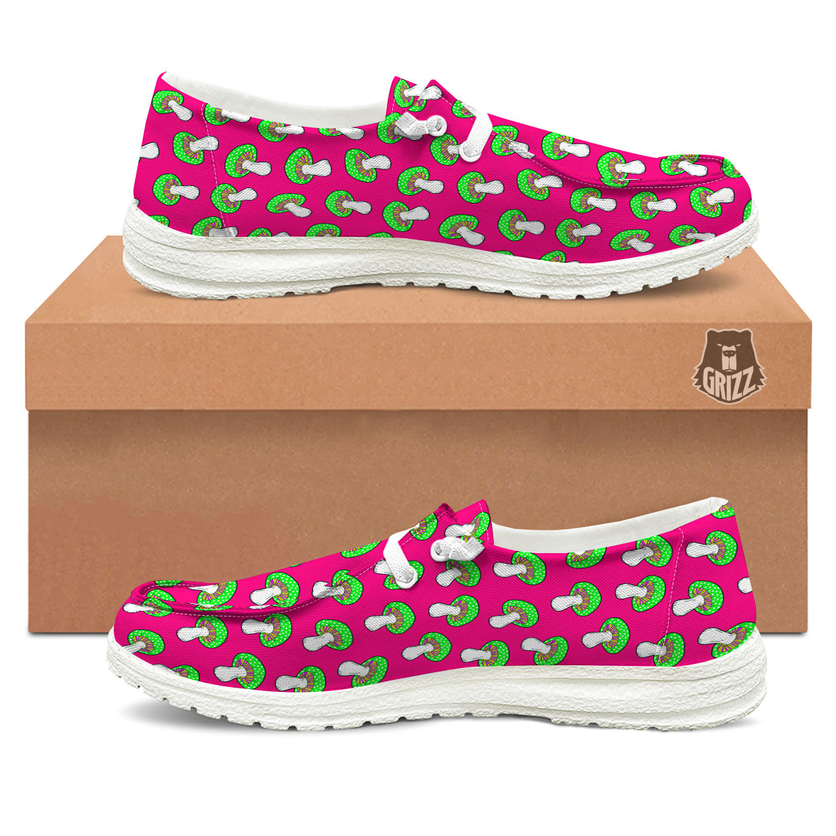 Hot Pink Crazy Mushroom Print Pattern White Loafers-grizzshop