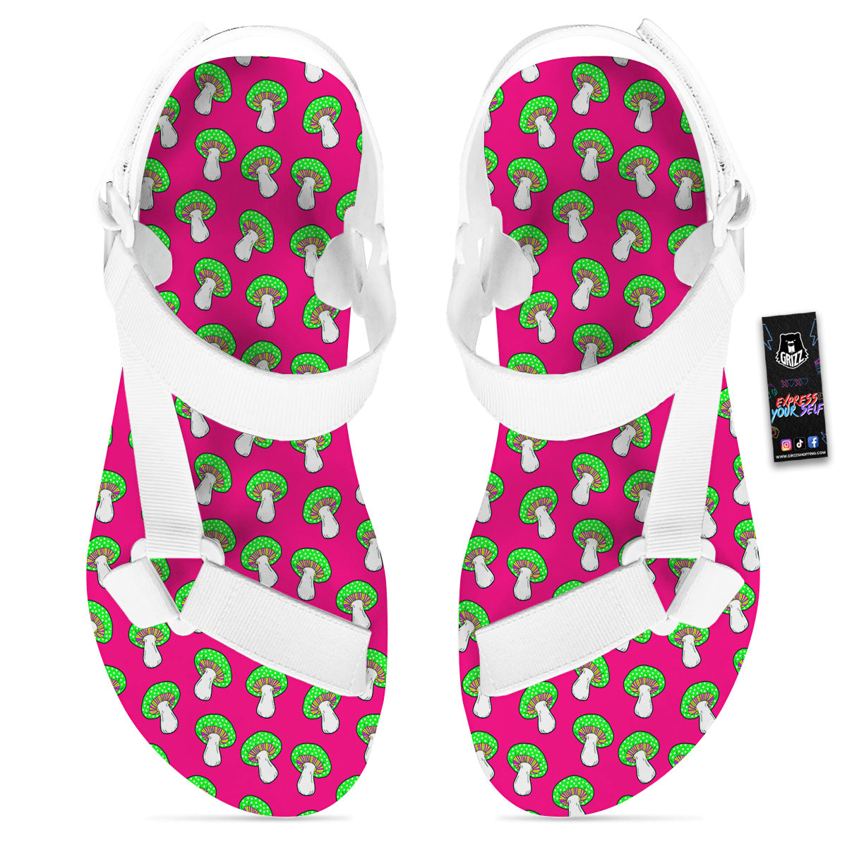 Hot Pink Crazy Mushroom Print Pattern White Open Toe Sandals-grizzshop