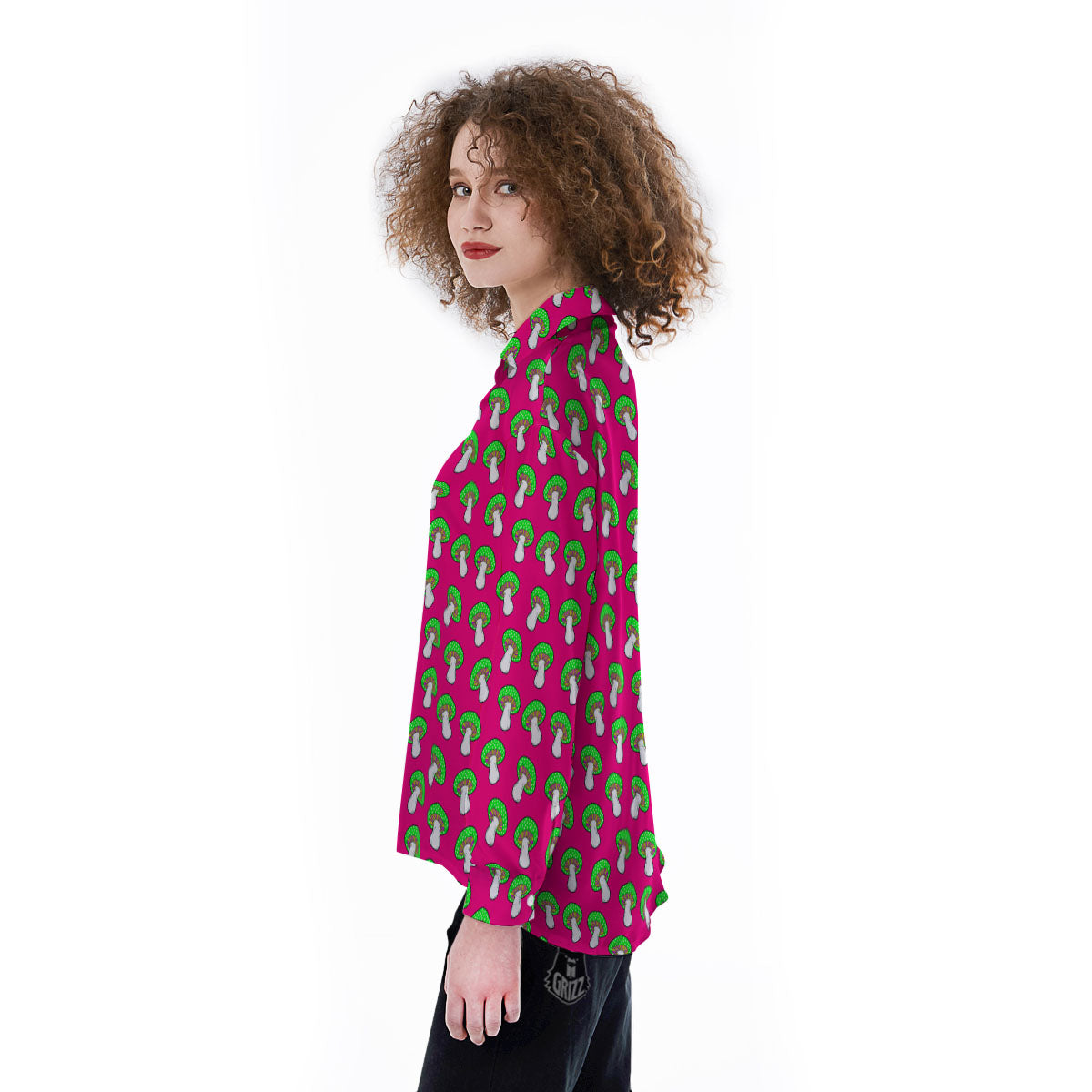 Hot Pink Crazy Mushroom Print Pattern Women's Long Sleeve Shirts-grizzshop