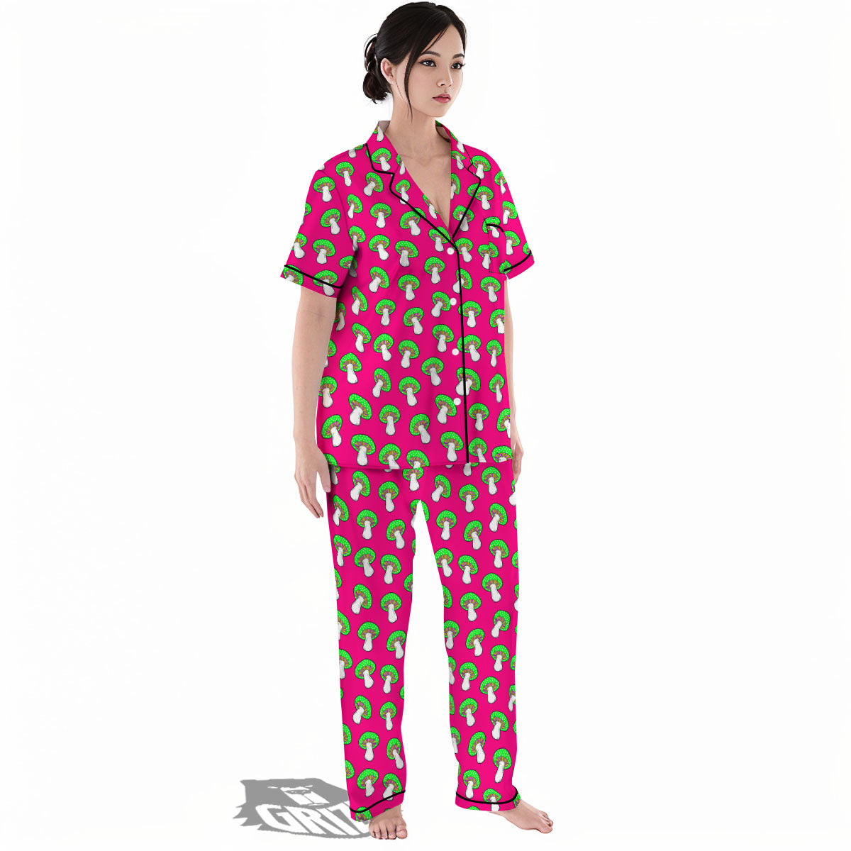 Hot Pink Crazy Mushroom Print Pattern Women's Pajamas Set-grizzshop