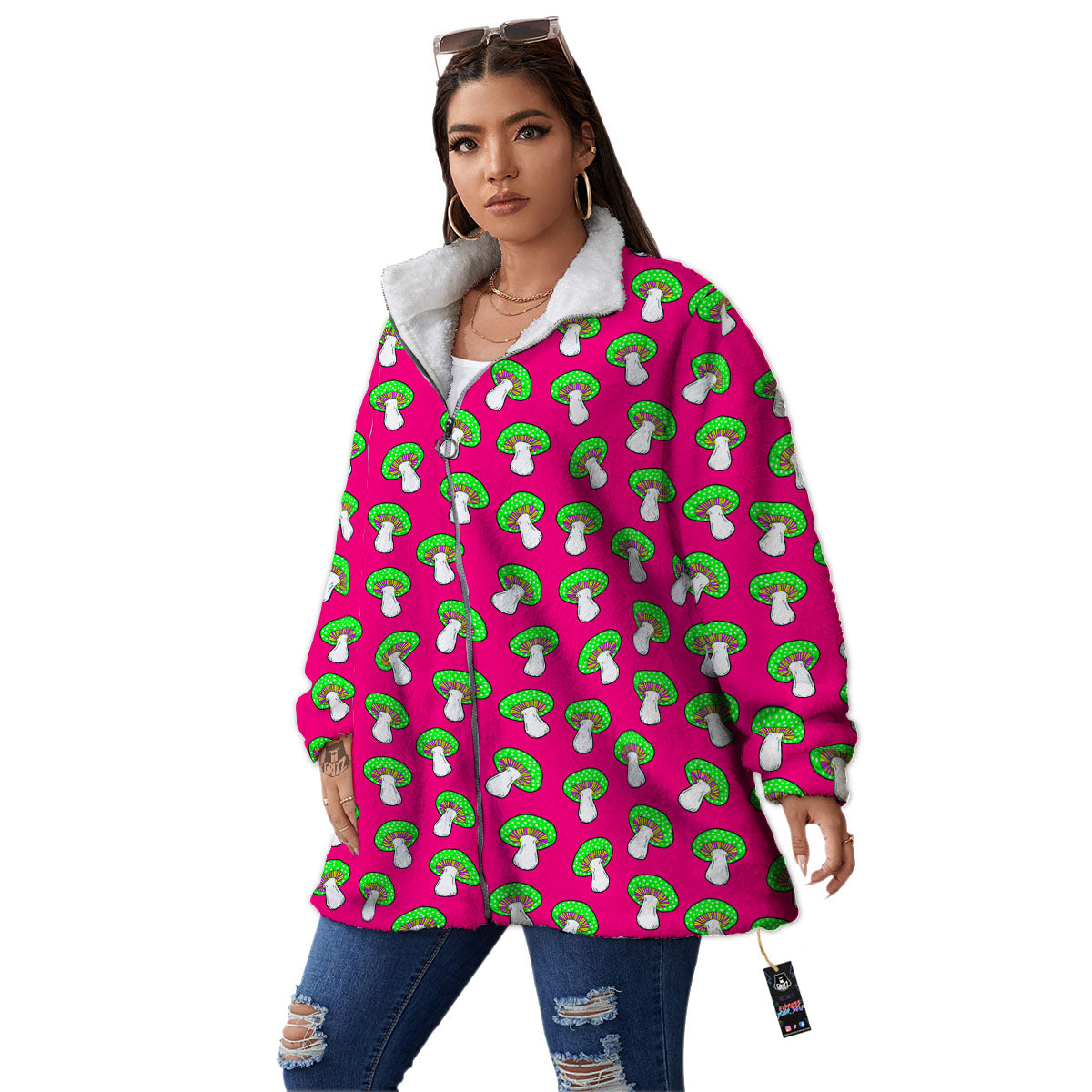 Hot Pink Crazy Mushroom Print Pattern Women's Sherpa Jacket-grizzshop