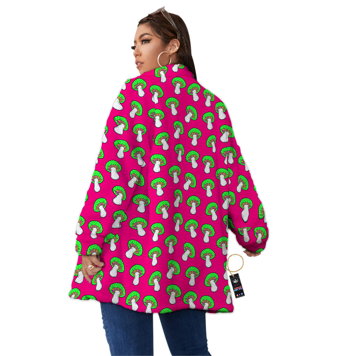 Hot Pink Crazy Mushroom Print Pattern Women's Sherpa Jacket-grizzshop