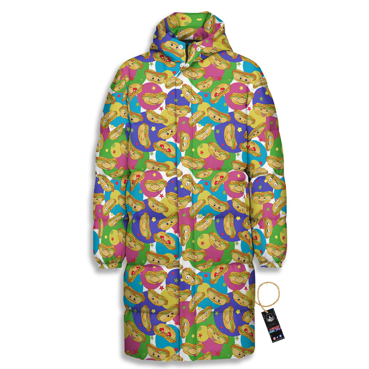Hot Dog Colorful Print Pattern Long Down Jacket