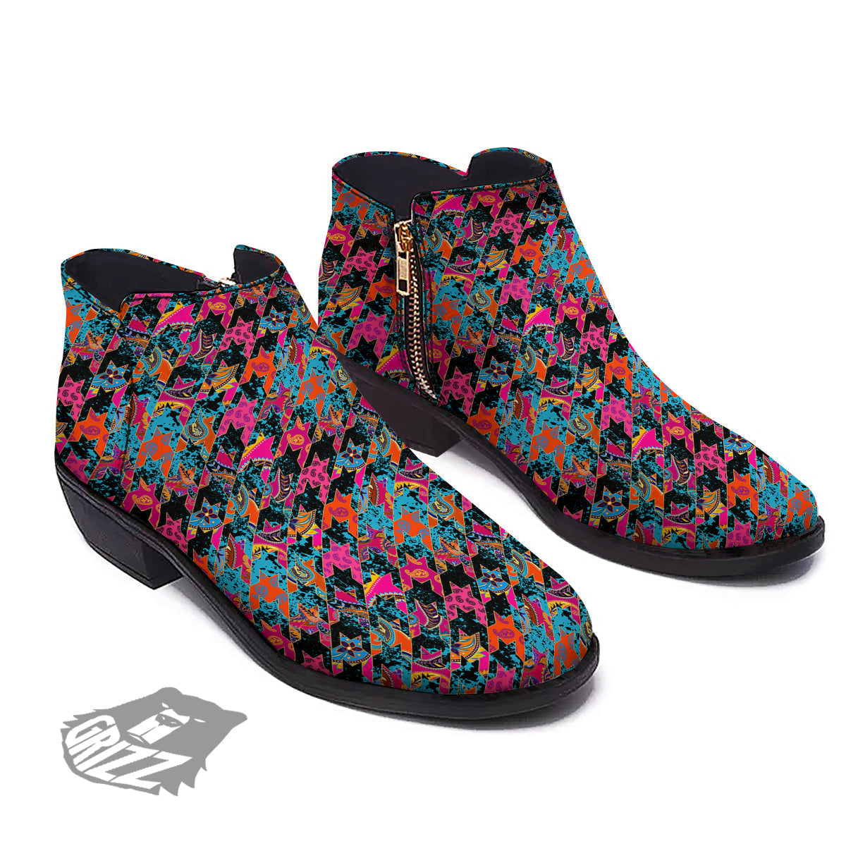 Houndstooth Abstract And Paisley Print Pattern Ankle Boots-grizzshop