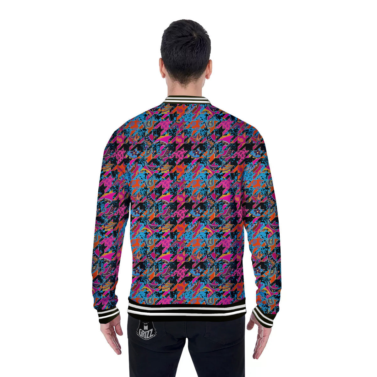 Houndstooth Abstract And Paisley Print Pattern Baseball Jacket-grizzshop