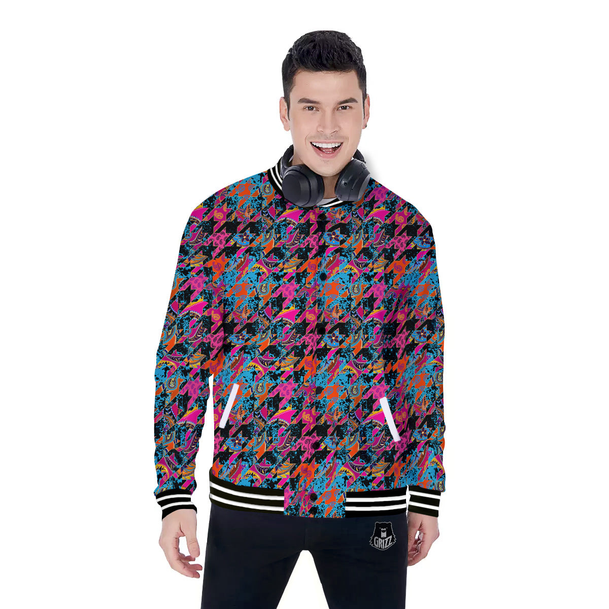 Houndstooth Abstract And Paisley Print Pattern Baseball Jacket-grizzshop