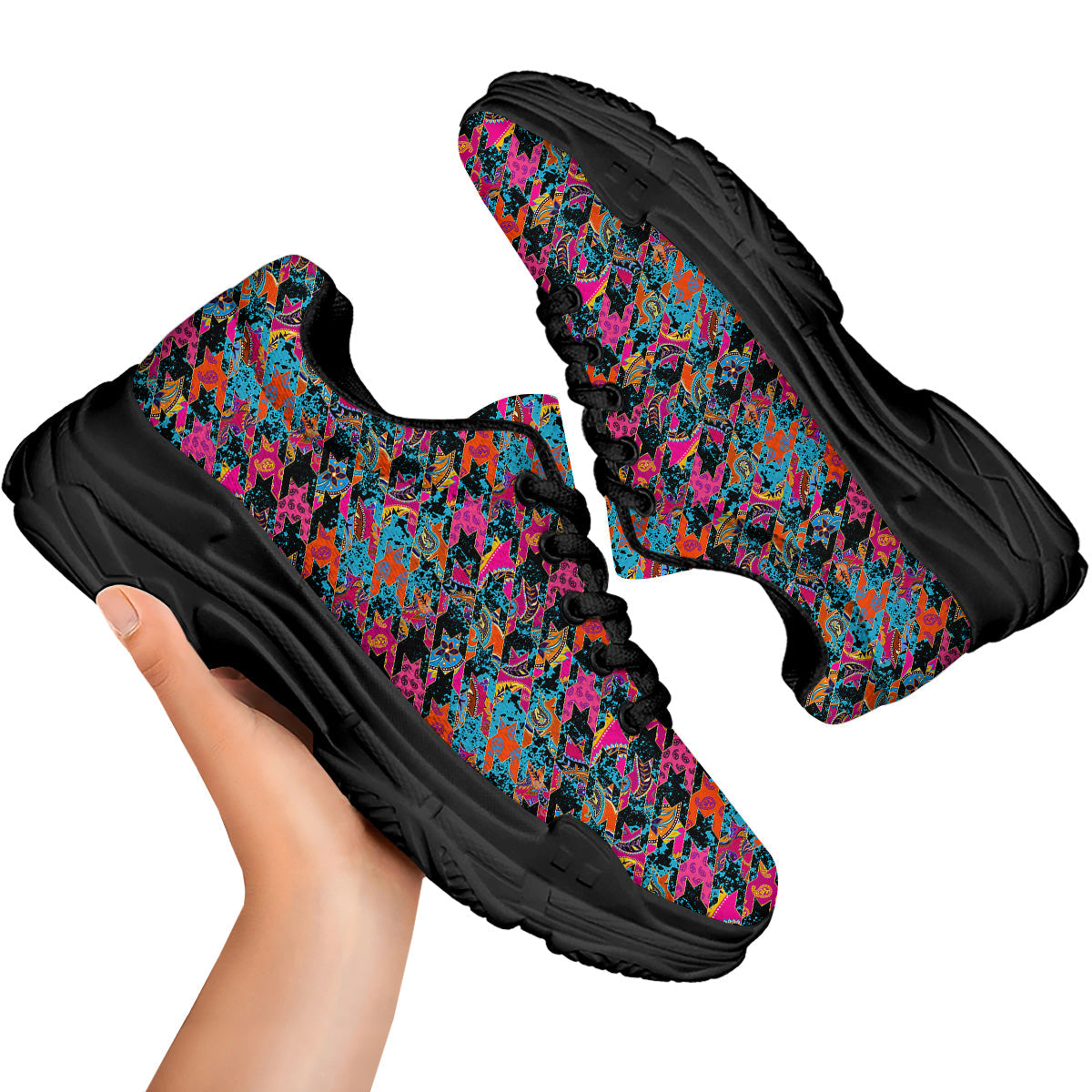 Houndstooth Abstract And Paisley Print Pattern Black Chunky Shoes-grizzshop