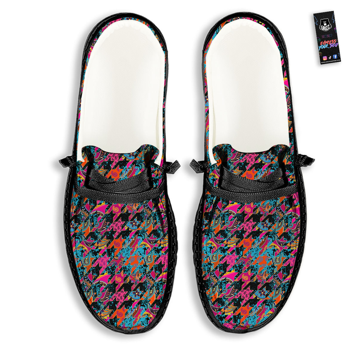 Houndstooth Abstract And Paisley Print Pattern Black Loafers-grizzshop