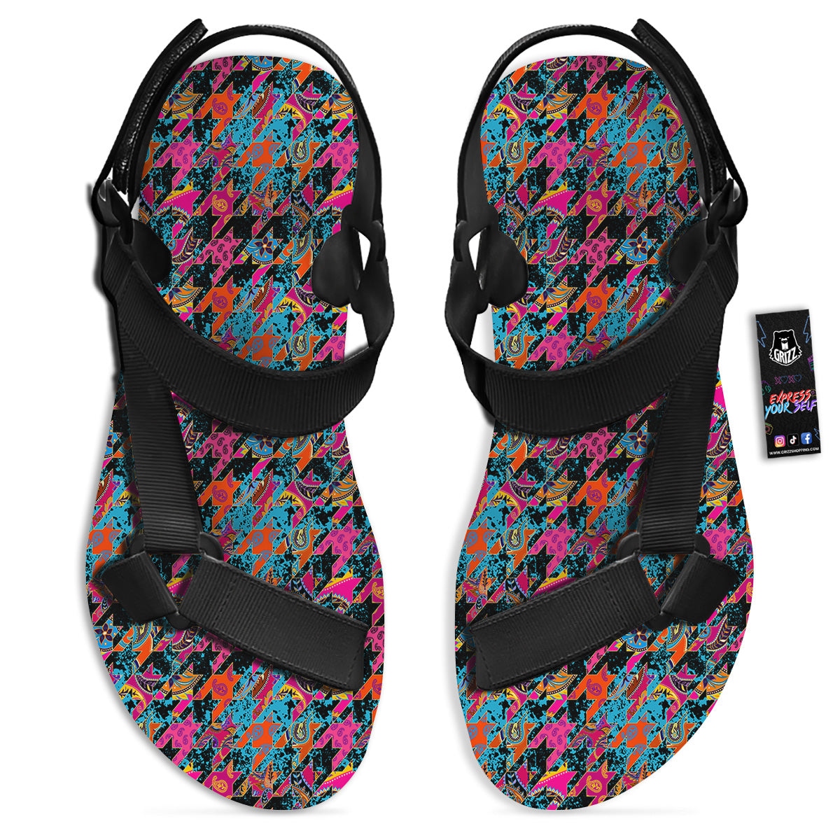 Houndstooth Abstract And Paisley Print Pattern Black Open Toe Sandals-grizzshop