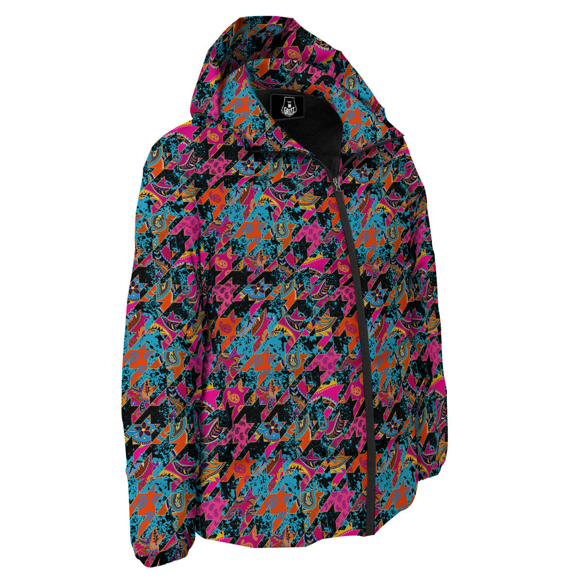 Houndstooth Abstract And Paisley Print Pattern Down Jacket-grizzshop