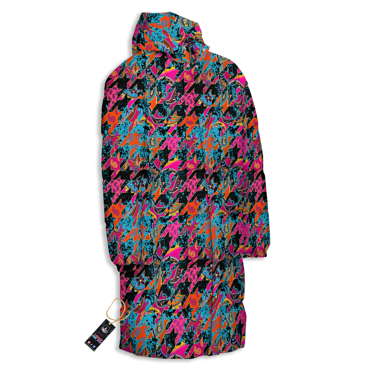 Houndstooth Abstract And Paisley Print Pattern Long Down Jacket-grizzshop