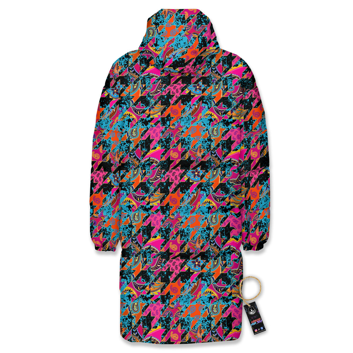 Houndstooth Abstract And Paisley Print Pattern Long Down Jacket-grizzshop