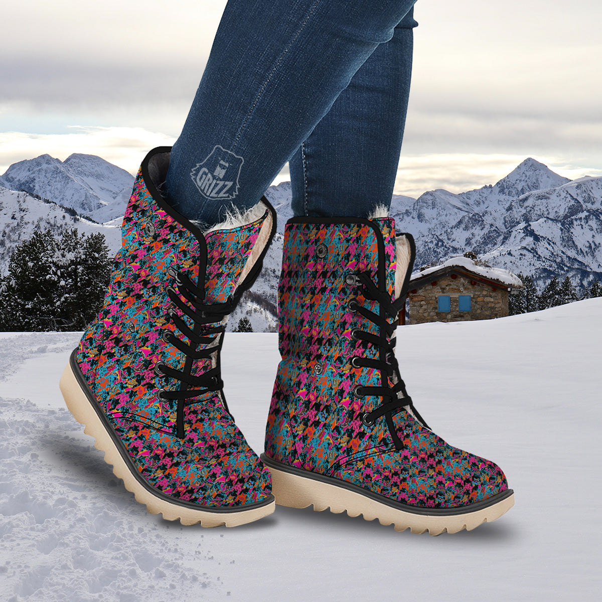 Houndstooth Abstract And Paisley Print Pattern Snow Boots-grizzshop