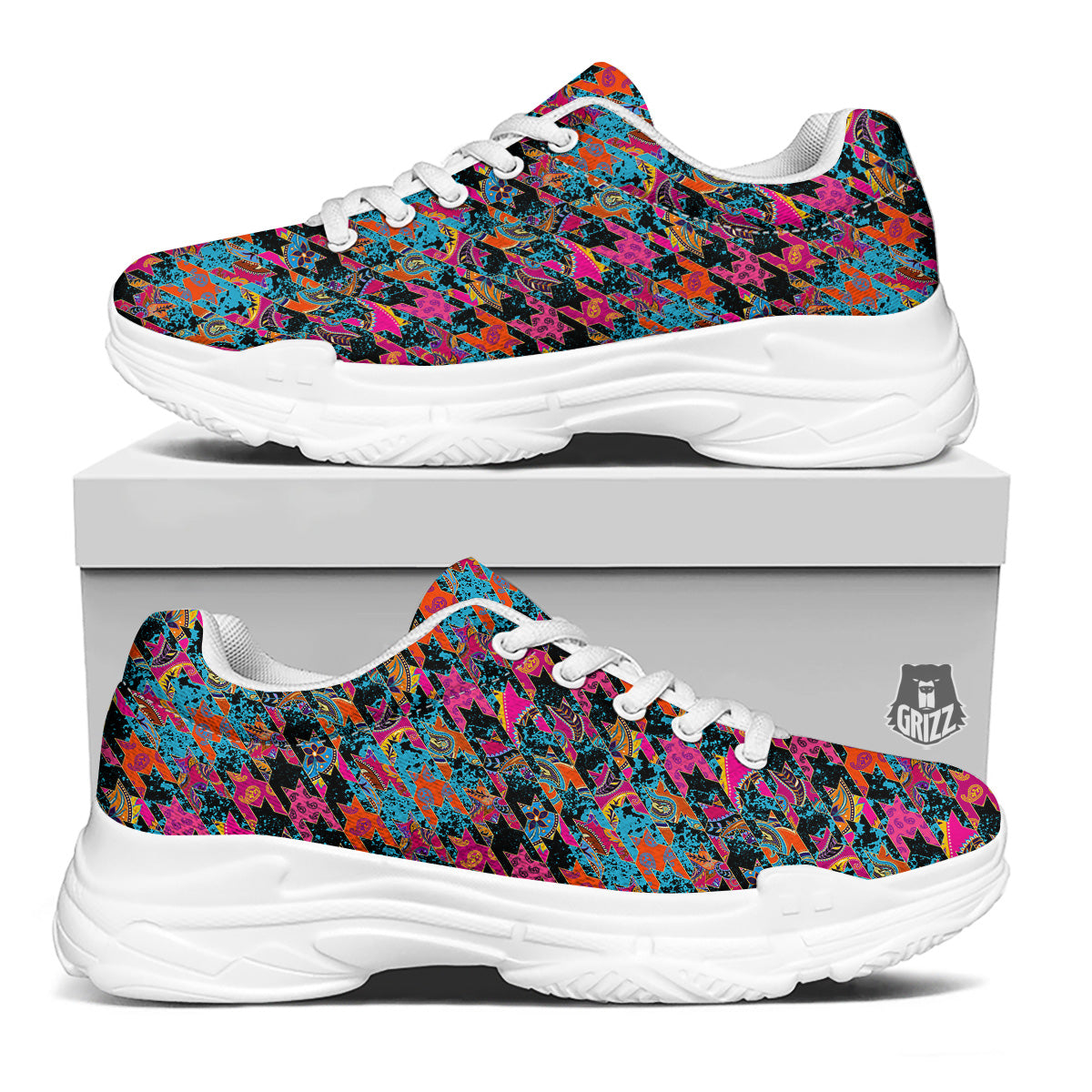 Houndstooth Abstract And Paisley Print Pattern White Chunky Shoes-grizzshop