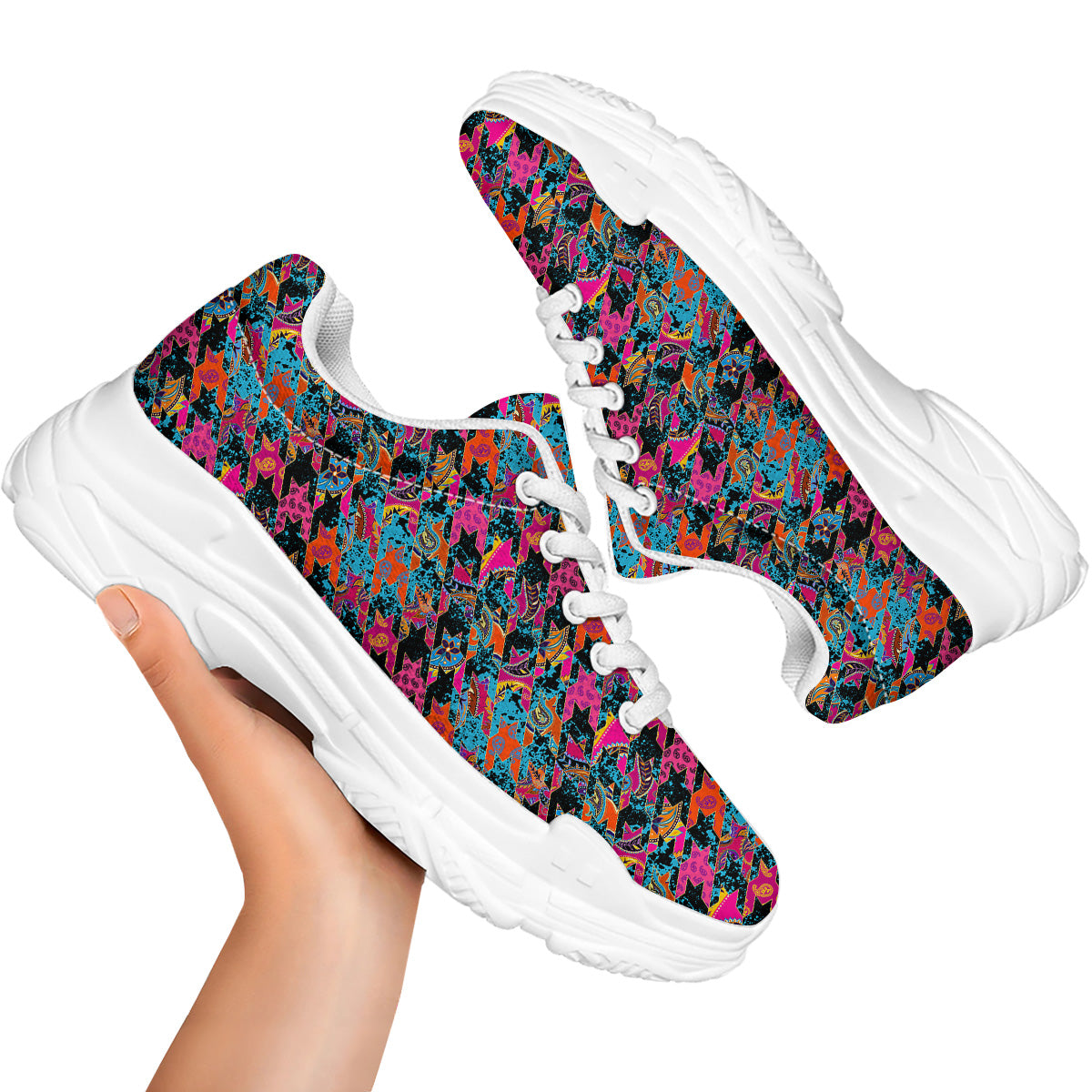 Houndstooth Abstract And Paisley Print Pattern White Chunky Shoes-grizzshop