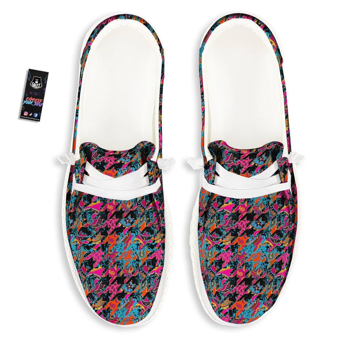 Houndstooth Abstract And Paisley Print Pattern White Loafers-grizzshop