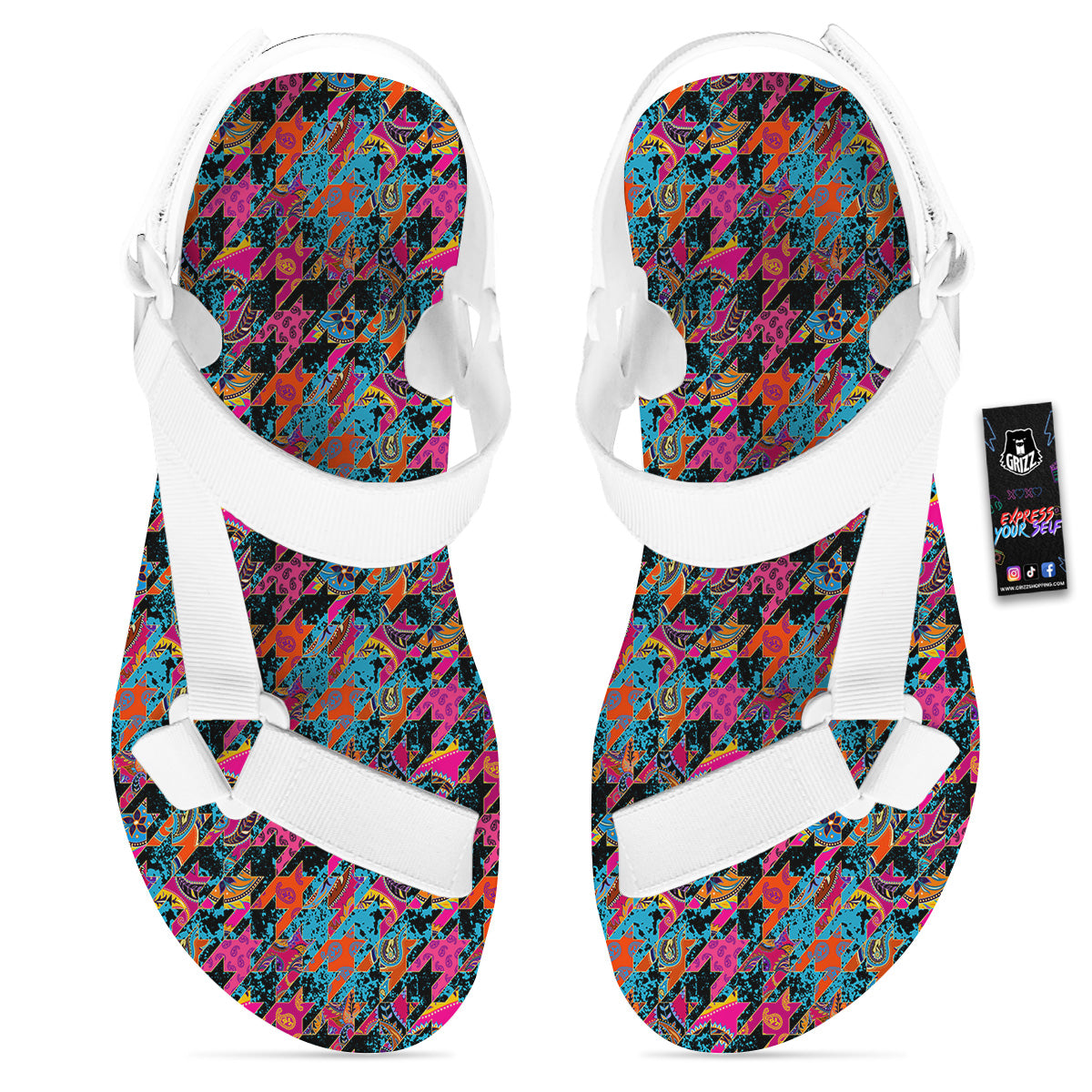 Houndstooth Abstract And Paisley Print Pattern White Open Toe Sandals-grizzshop