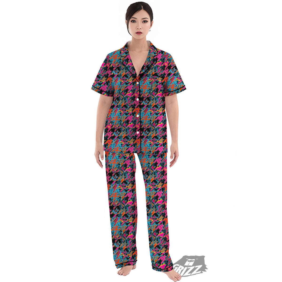 Houndstooth Abstract And Paisley Print Pattern Women's Pajamas Set-grizzshop
