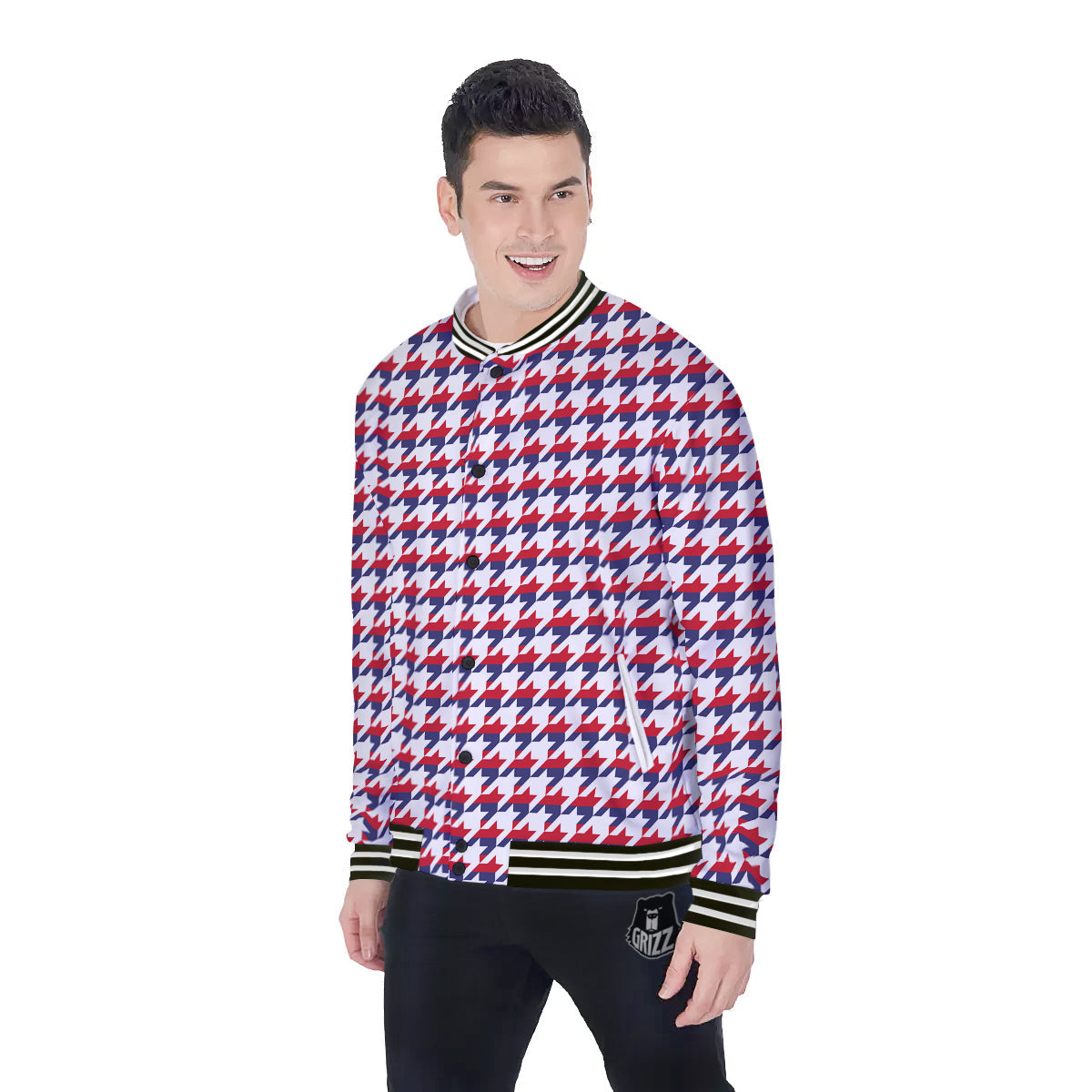 Houndstooth American Print Pattern Baseball Jacket-grizzshop