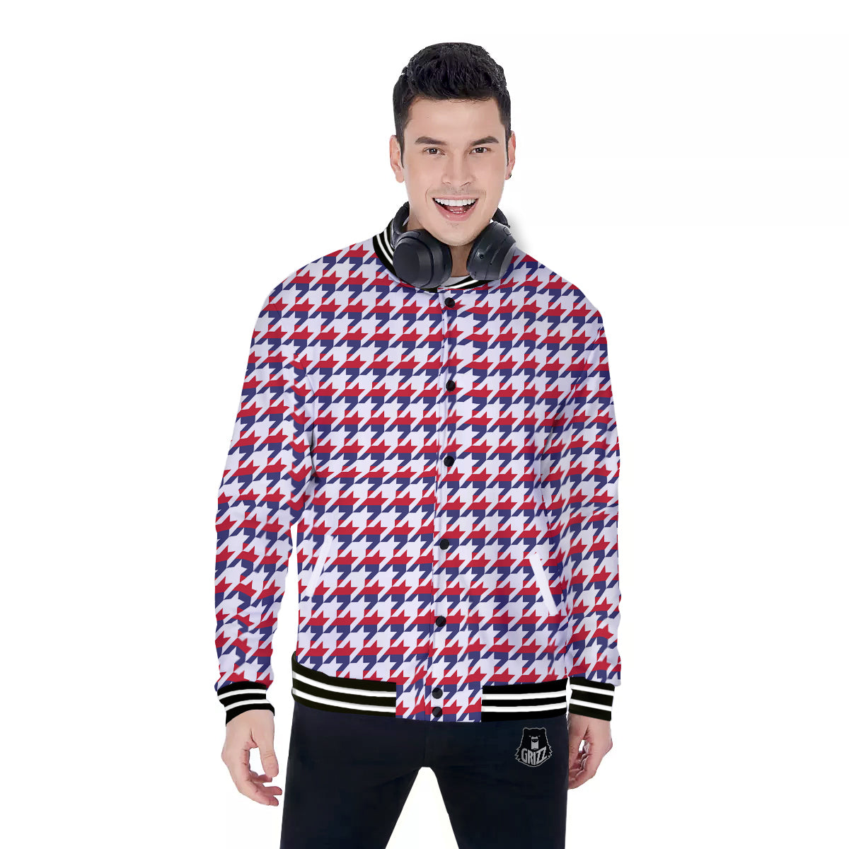 Houndstooth American Print Pattern Baseball Jacket-grizzshop