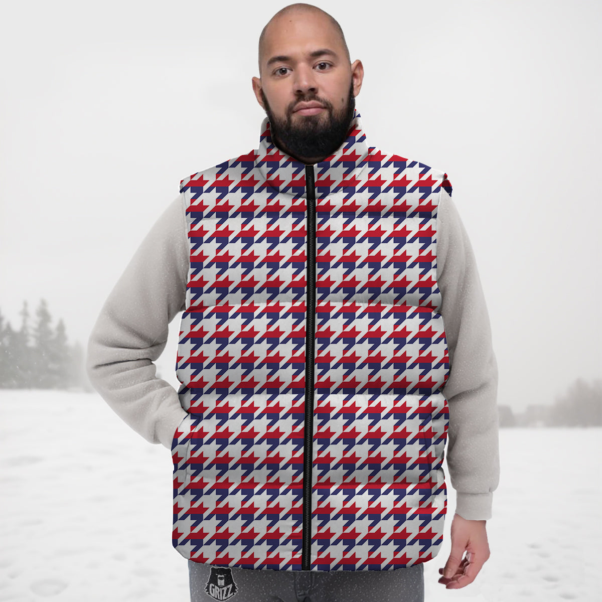 Houndstooth American Print Pattern Down Vest-grizzshop