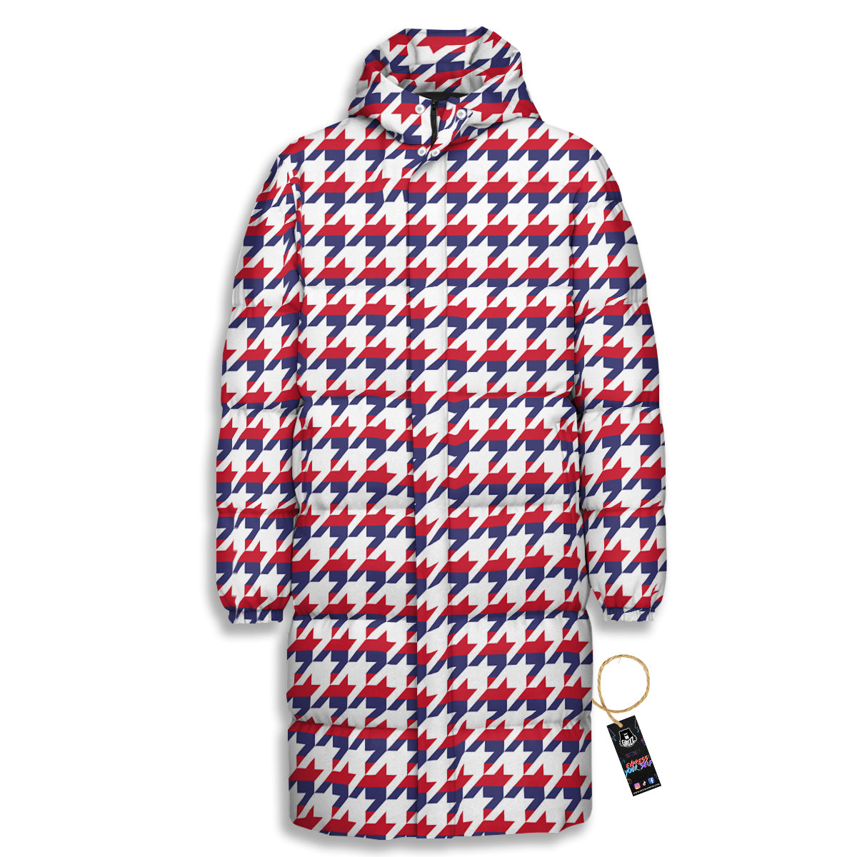 Houndstooth American Print Pattern Long Down Jacket-grizzshop