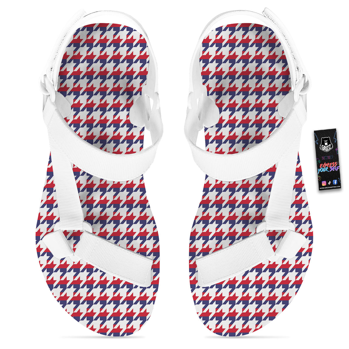 Houndstooth American Print Pattern White Open Toe Sandals-grizzshop