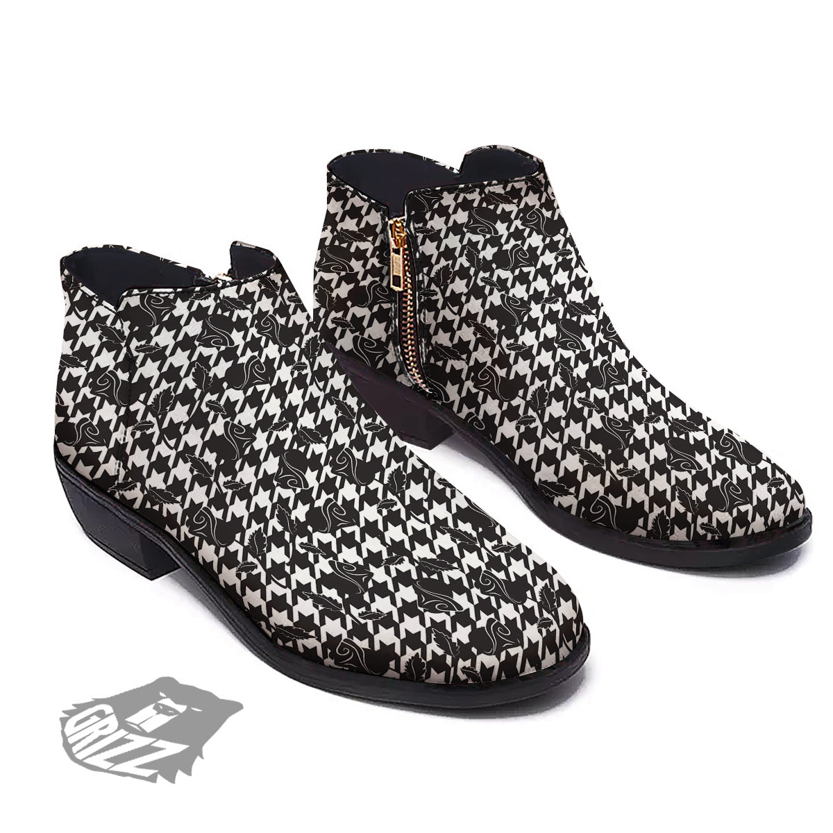 Houndstooth And Black Rose Print Pattern Ankle Boots-grizzshop