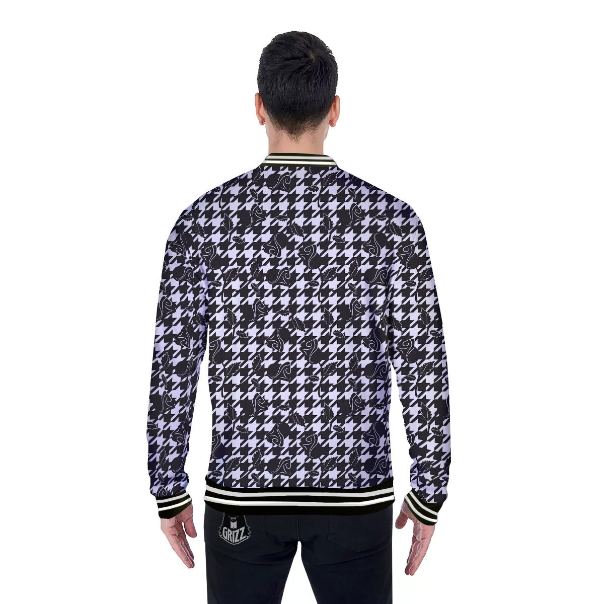 Houndstooth And Black Rose Print Pattern Baseball Jacket-grizzshop