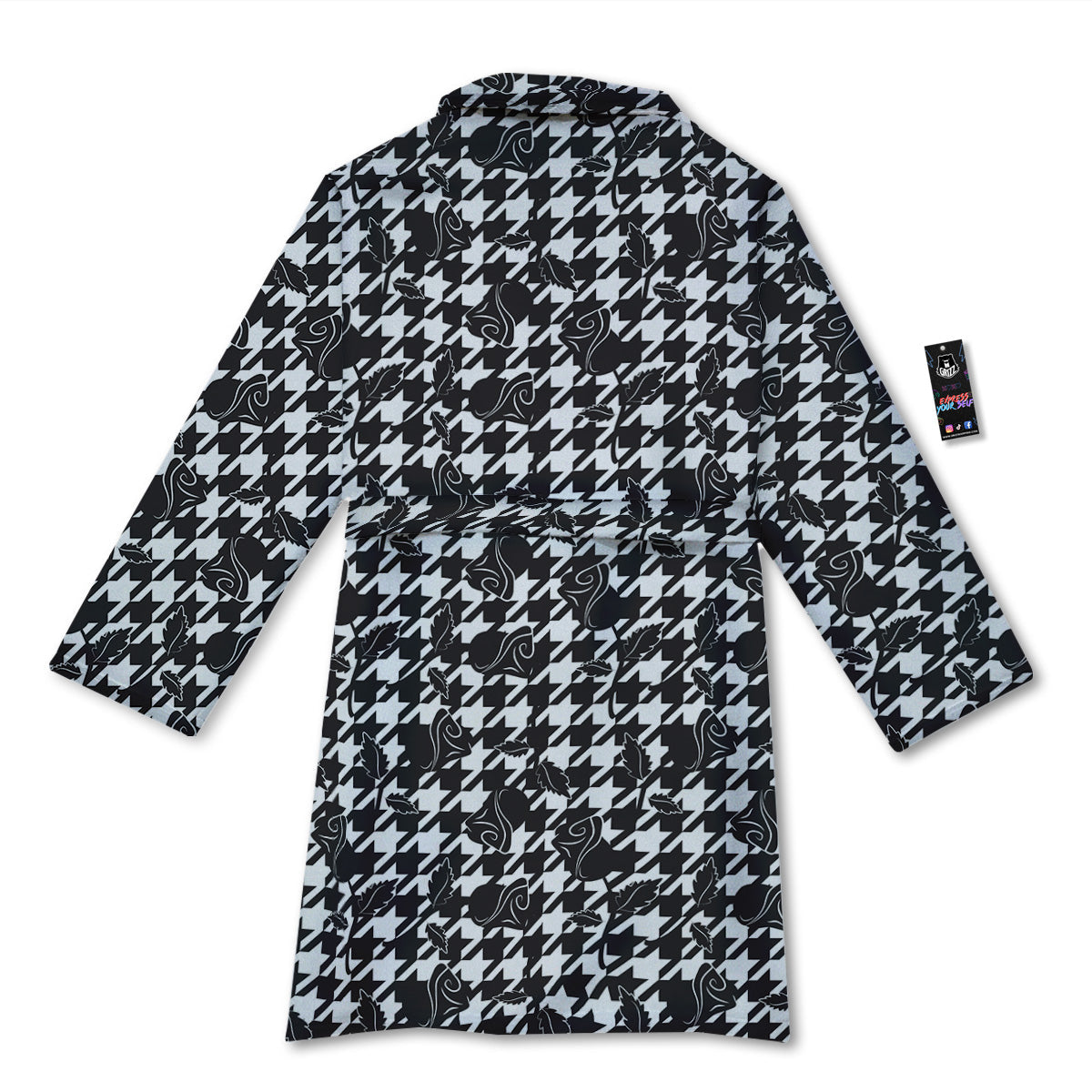 Houndstooth And Black Rose Print Pattern Bathrobe-grizzshop