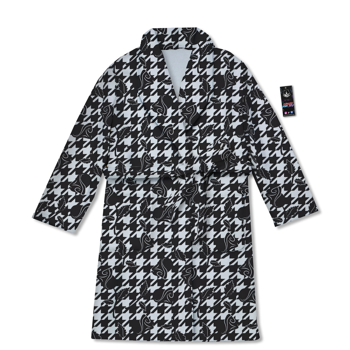 Houndstooth And Black Rose Print Pattern Bathrobe-grizzshop