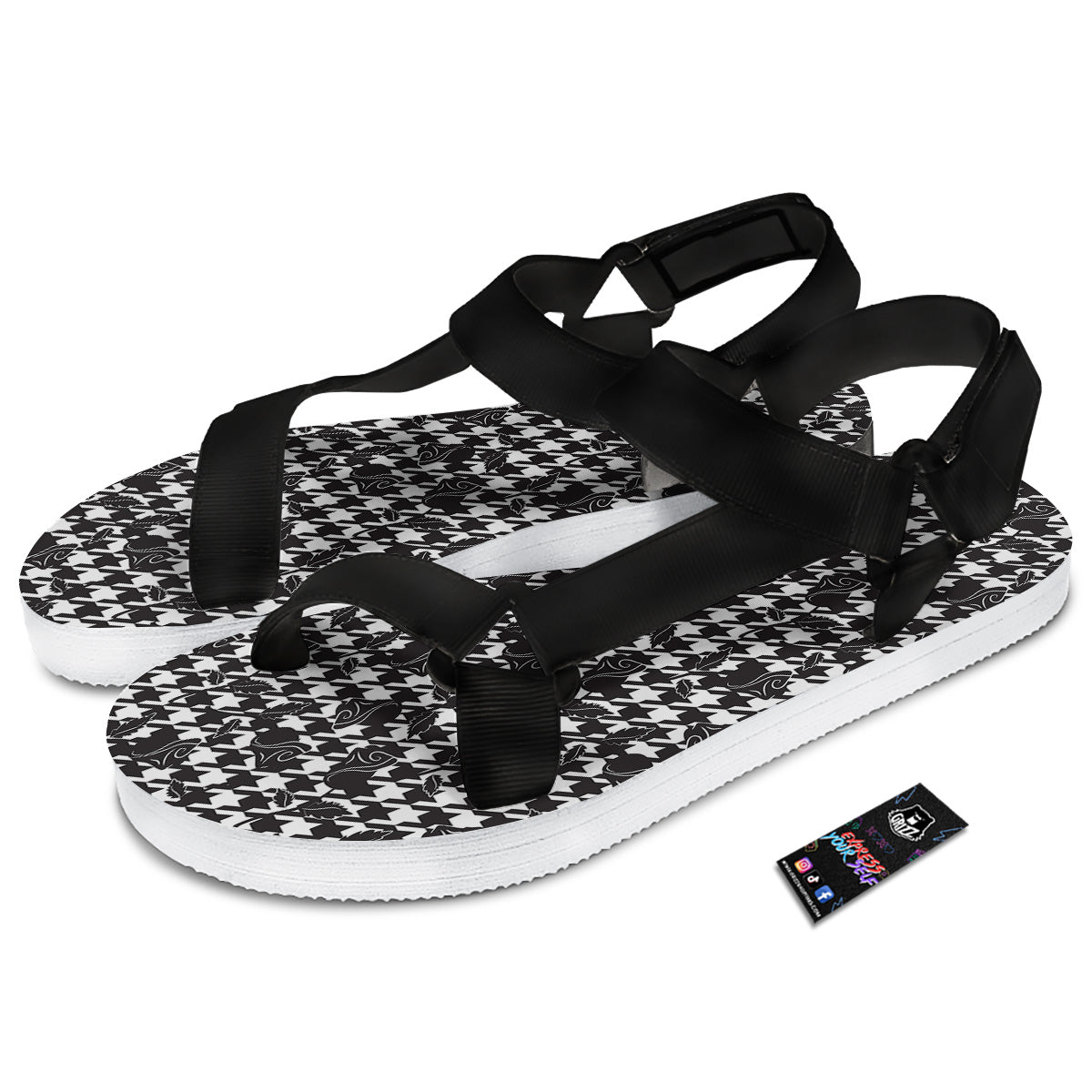 Houndstooth And Black Rose Print Pattern Black Open Toe Sandals-grizzshop