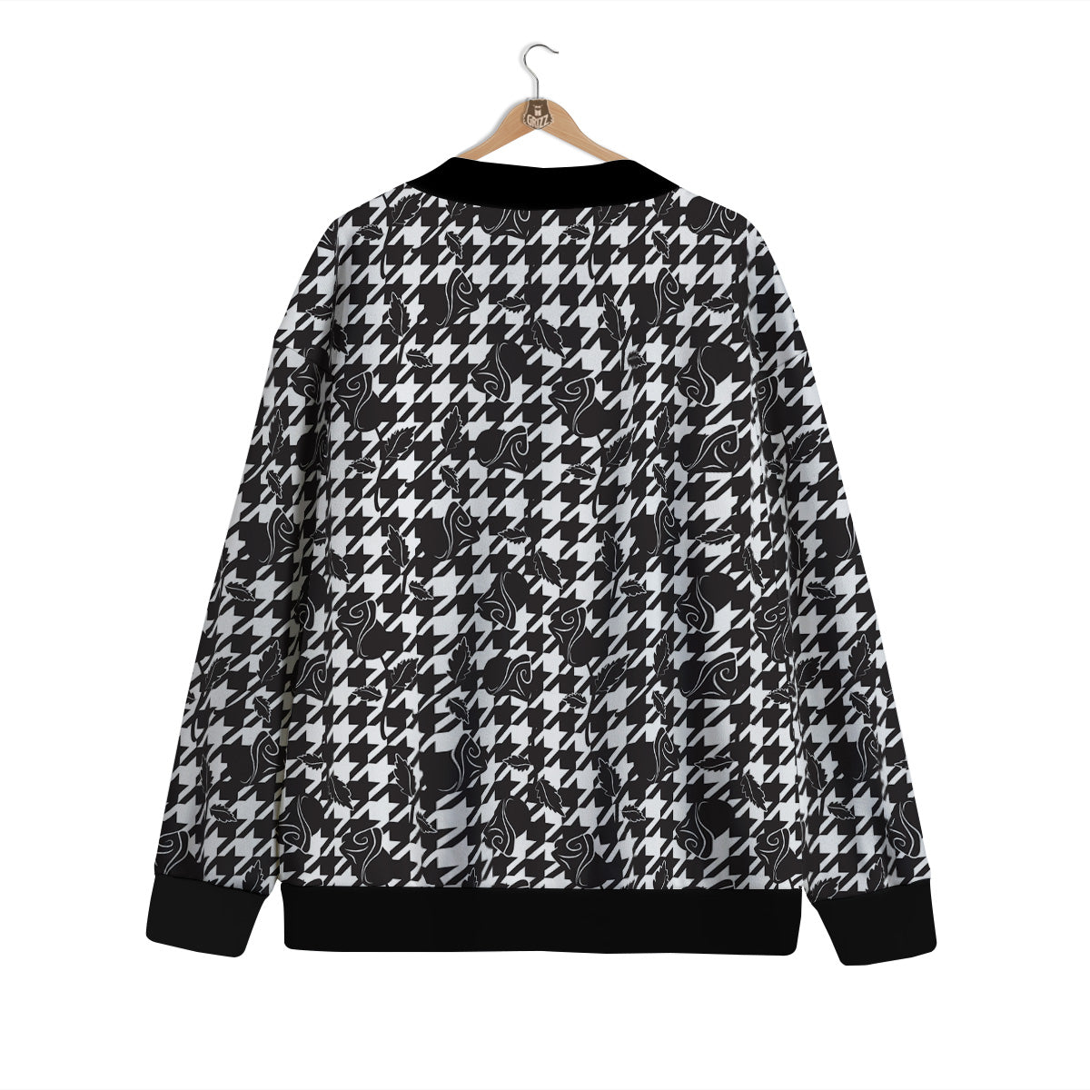 Houndstooth And Black Rose Print Pattern Cardigan-grizzshop