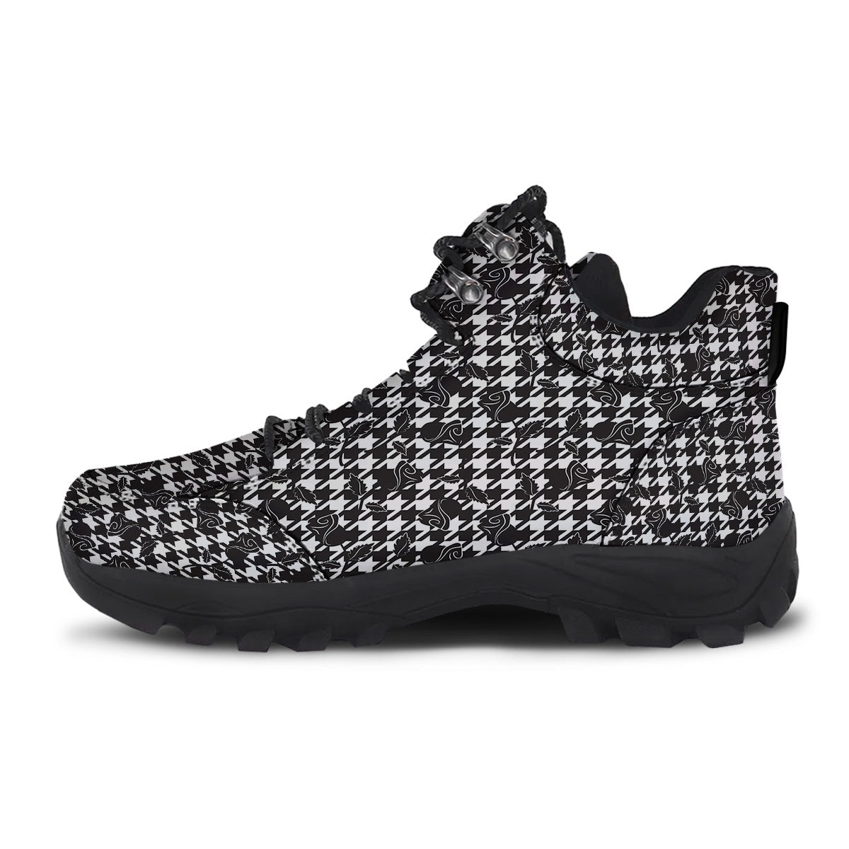Houndstooth And Black Rose Print Pattern Hiking Shoes-grizzshop