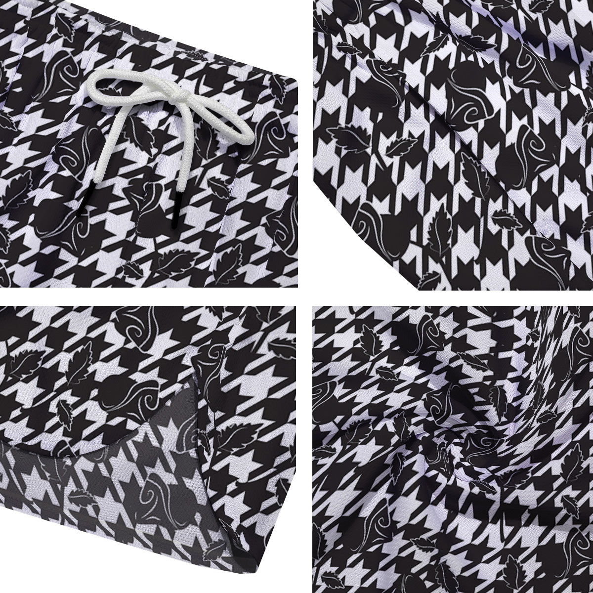Houndstooth And Black Rose Print Pattern Men's Running Shorts-grizzshop