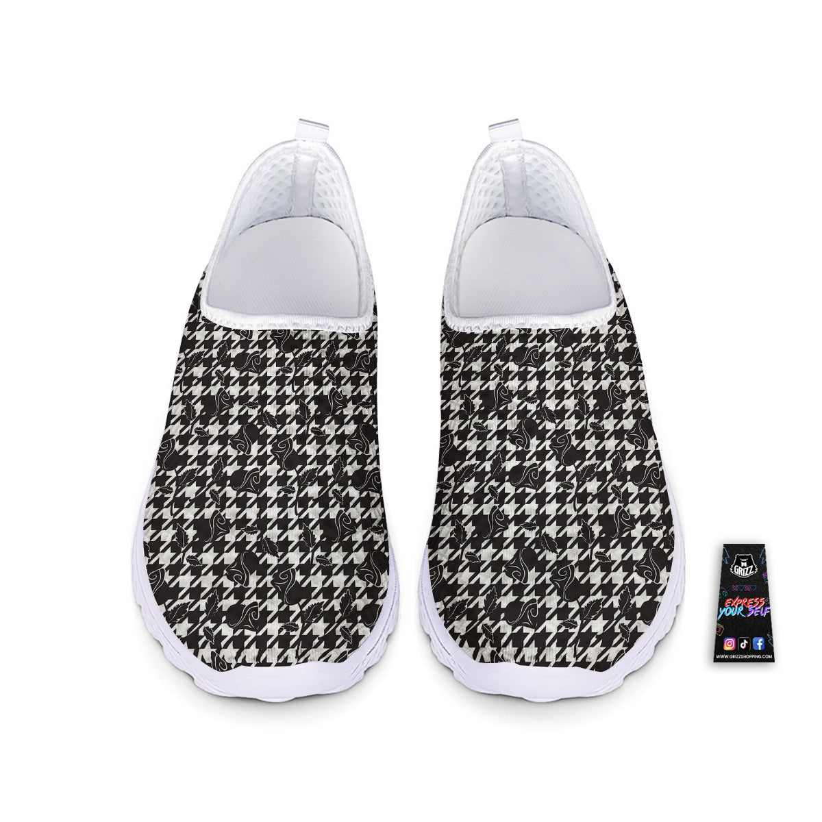 Houndstooth And Black Rose Print Pattern Nurse Shoes-grizzshop