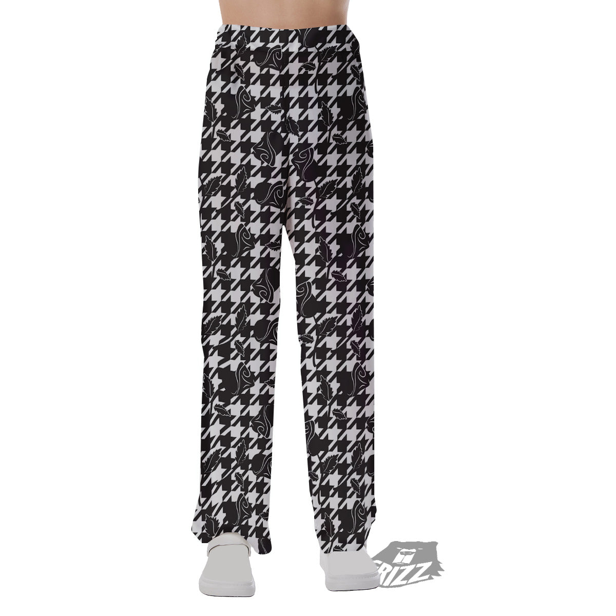 Houndstooth And Black Rose Print Pattern Pajama Pants-grizzshop
