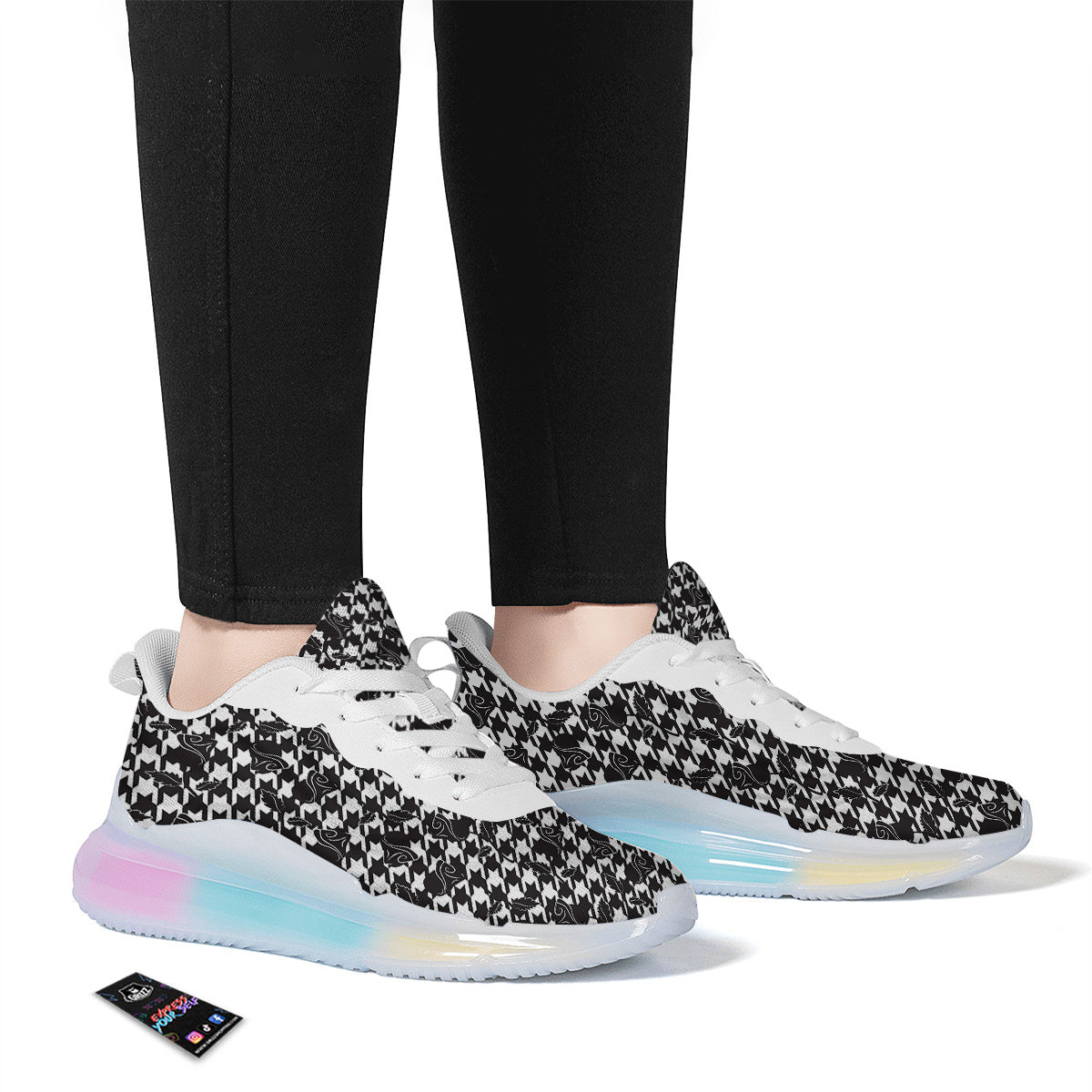Houndstooth And Black Rose Print Pattern Running Sneakers-grizzshop