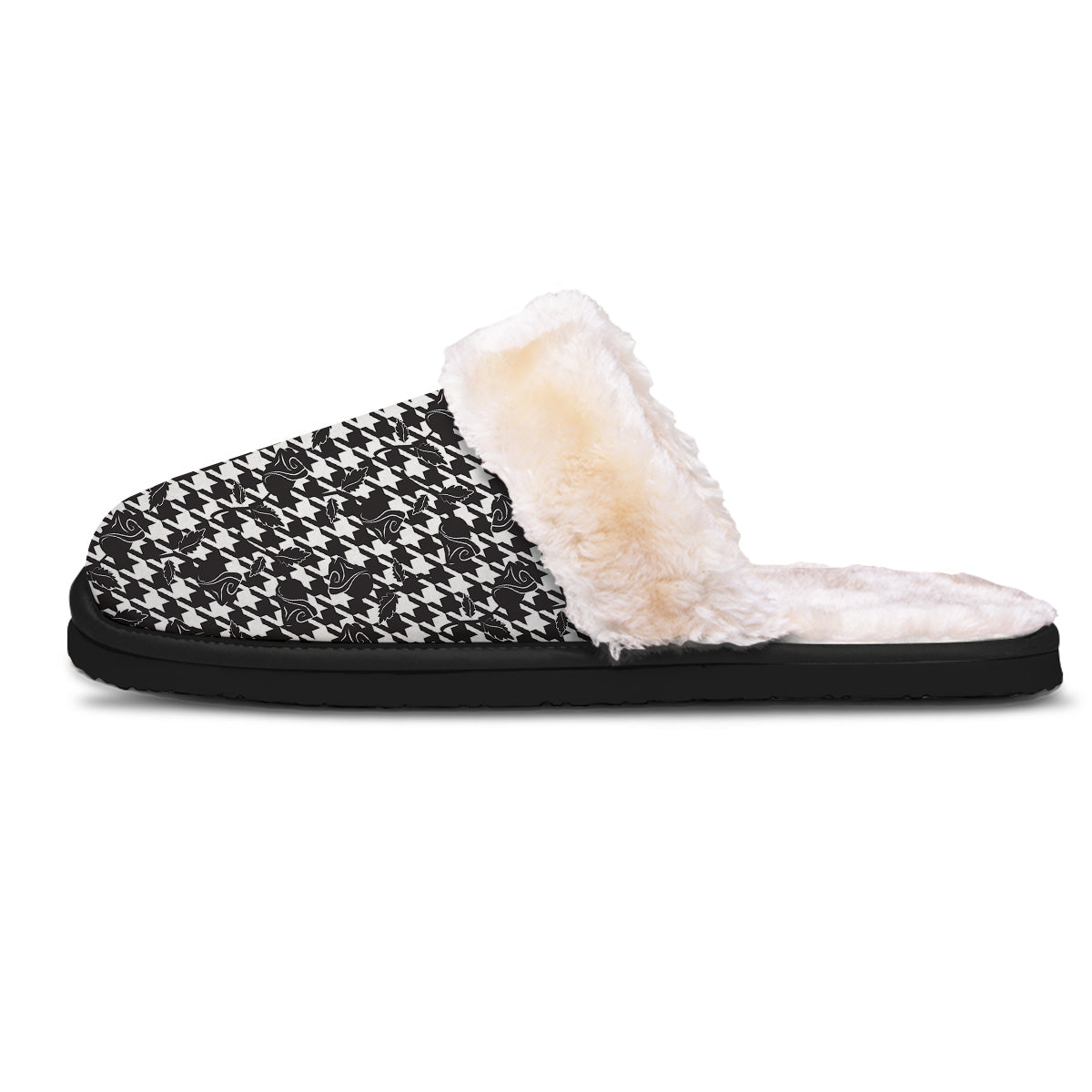 Houndstooth And Black Rose Print Pattern Slippers-grizzshop