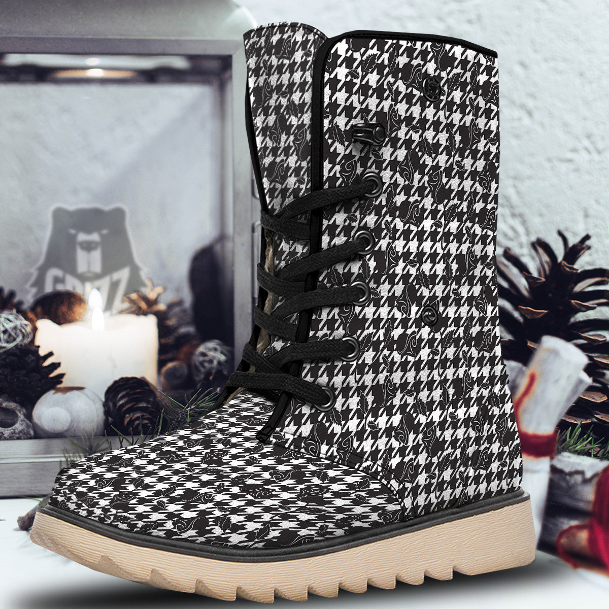 Houndstooth And Black Rose Print Pattern Snow Boots-grizzshop