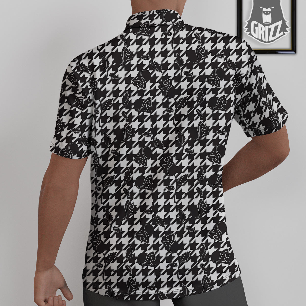 Houndstooth And Black Rose Print Pattern Untucked Shirts-grizzshop