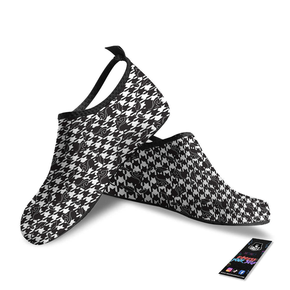 Houndstooth And Black Rose Print Pattern Water Shoes-grizzshop